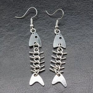 Silver Metal Fish Bone Earrings
